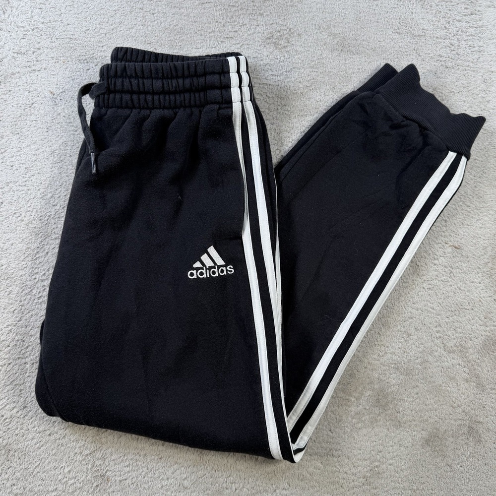 Adidas Sweatpants Mens Small Black Fleece Drawstring Pocket Joggers Gym 3 Stripe